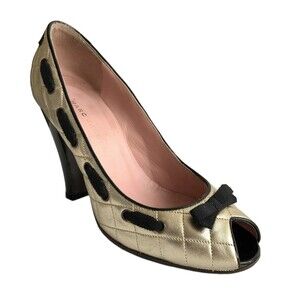 Marc Jacobs Gold Black Quilted Peep-toe Heeled Pumps 40